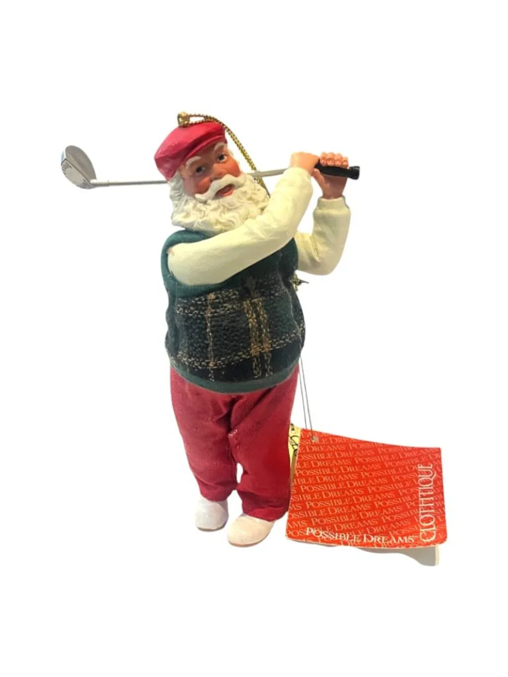 Clothique Possible Dreams Santa Golfer Hanging Christmas Tree Ornament 6.5'' NEW